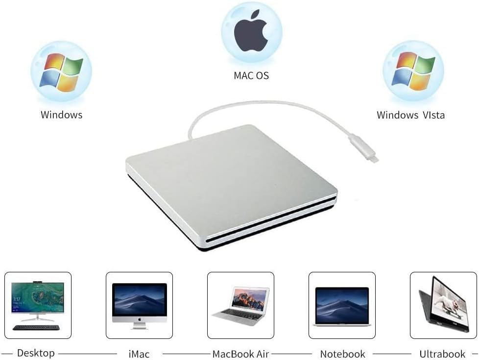 Unidad externa de DVDCD USB-Ctipo c lector de DVDCD y grabadora de DVDCD para Apple-MacBook AirProiMacMiniMacBook ProASUSDELL portátil, etc