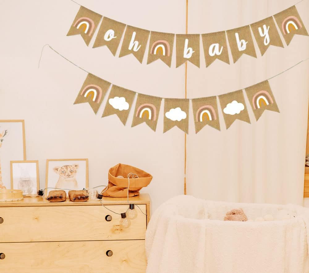 Cartel de arpillera Oh Baby Rainbow Banner ensamblado rústico bohemio para baby shower, guirnalda decorativa