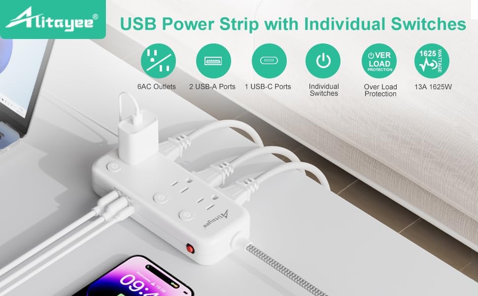 Regleta de alimentación de interruptor individual con 6 tomacorrientes, 3 USB (17 W USB C), cable trenzado de 5 pies, enchufe plano ultrafino, cable