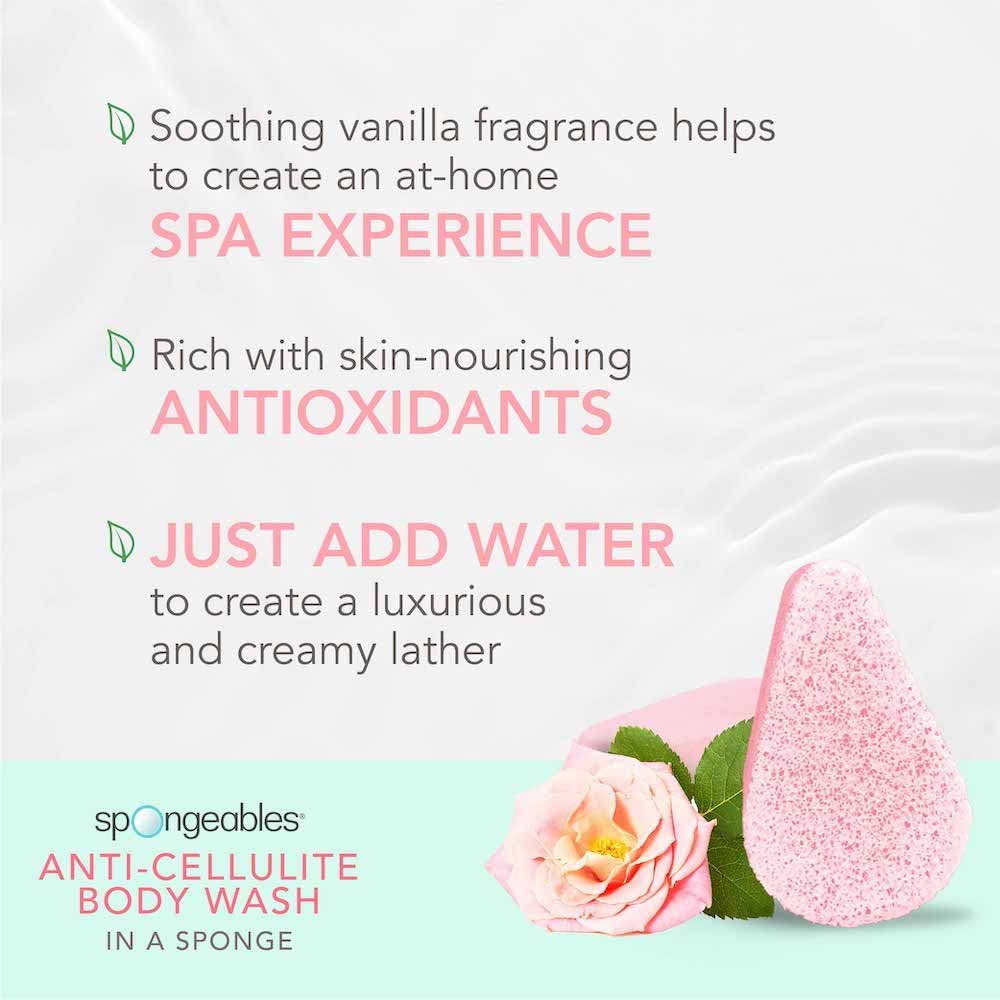 Spongeables Gel de baño anticelulítico en una esponja de lavado de más de 20, rosa inglesa, 3 unidades