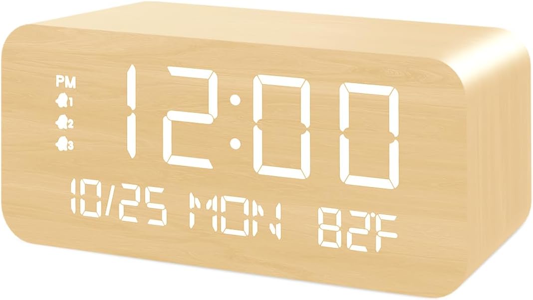 JALL Reloj despertador digital, con pantalla LED electrónica de madera, 3 ajustes de alarma, carga inalámbrica de 10 W, día de la semana, detección