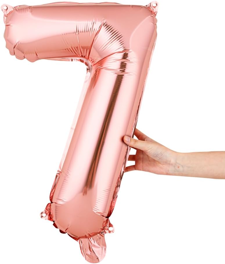 Balloonify – Globo con números de 16 pulgadas, 1 globo de fiesta reutilizable, número “7”, autosellado, globo metálico de aluminio dorado rosa,