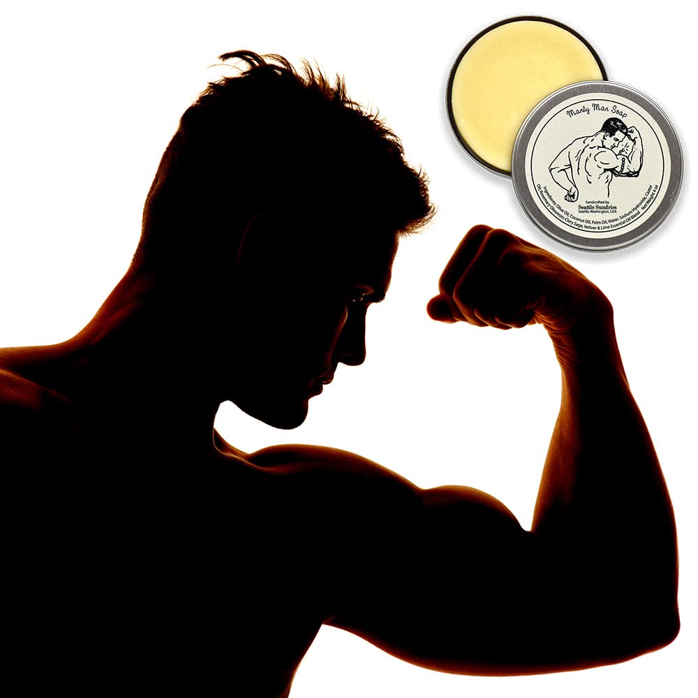 Barra de jabón Manly Manly Man, 1 jabón natural hecho a mano para hombre en una lata de regalo de bajo desperdicio, aroma masculino clásico, regalo