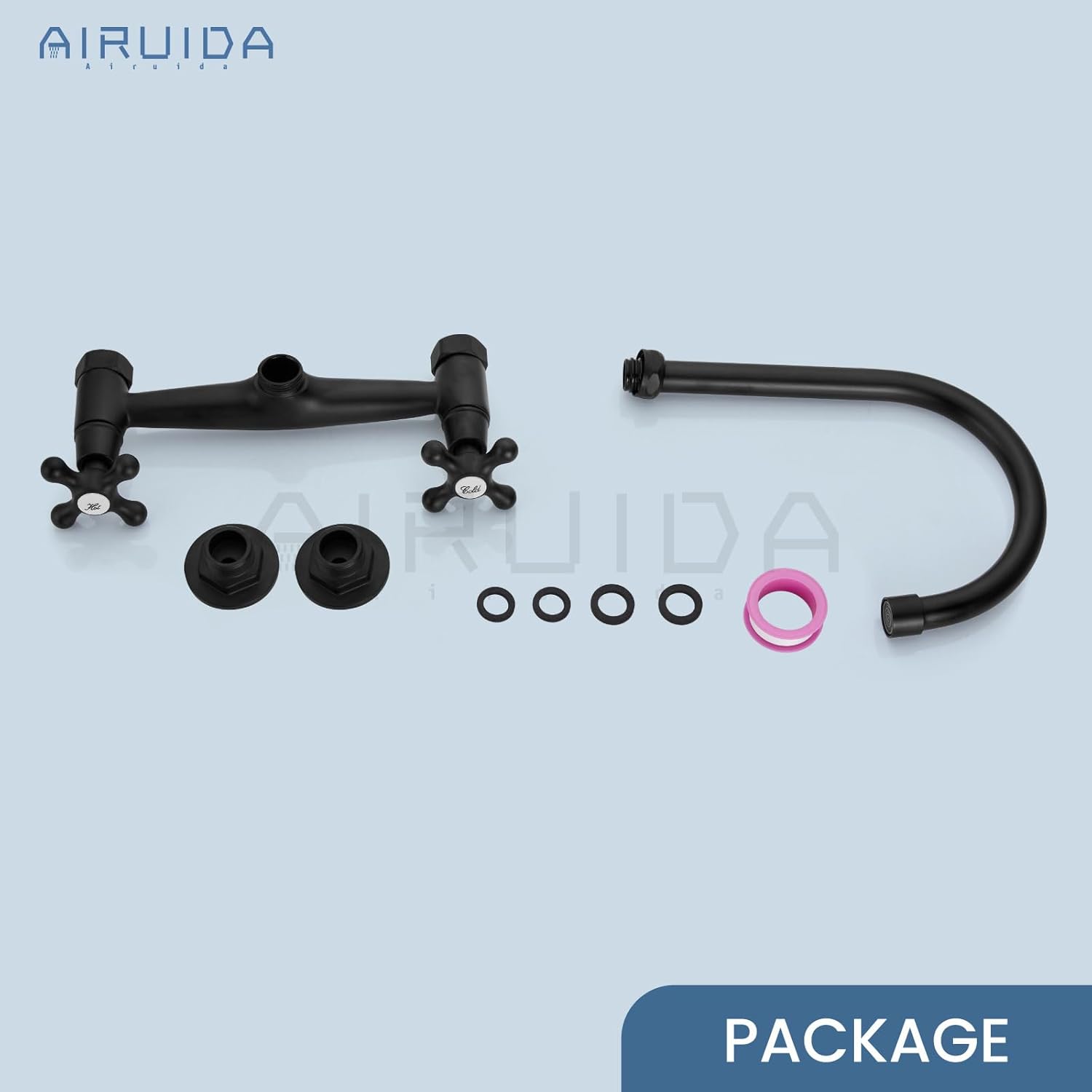 Airuida Grifo de latón negro mate de montaje en pared con doble mango y adaptador ajustable