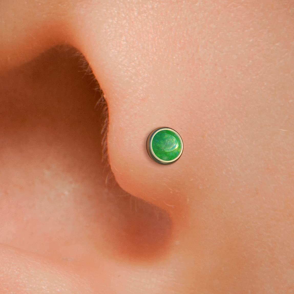 Opal Tragus Stud Earring, Tragus Earring in 14k Gold filled ,3 mm green Opal Tragus studs Piercing