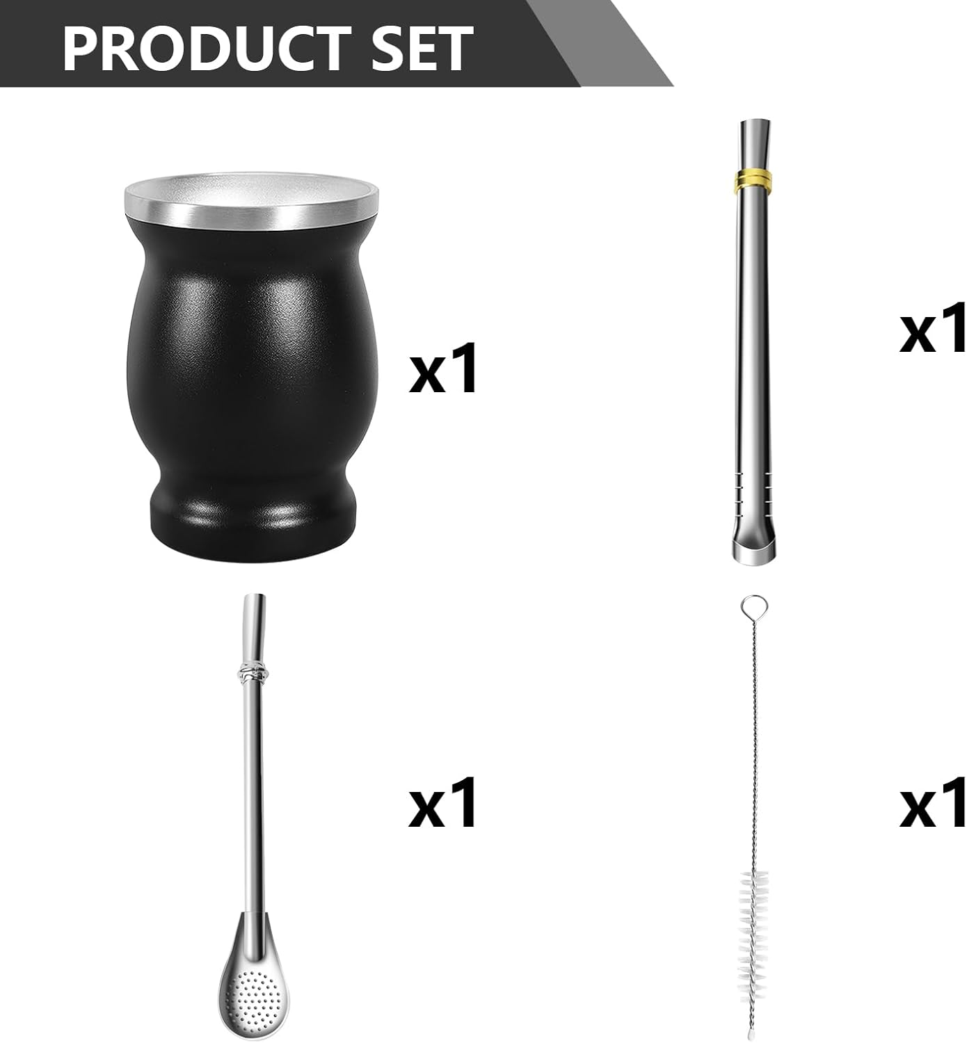 Artcome Juego de 4 tazas de yerba mate de acero inoxidable  1 taza mate de acero inoxidable de doble pared de 8.5 onzas (negro), 2 bombillas (paja