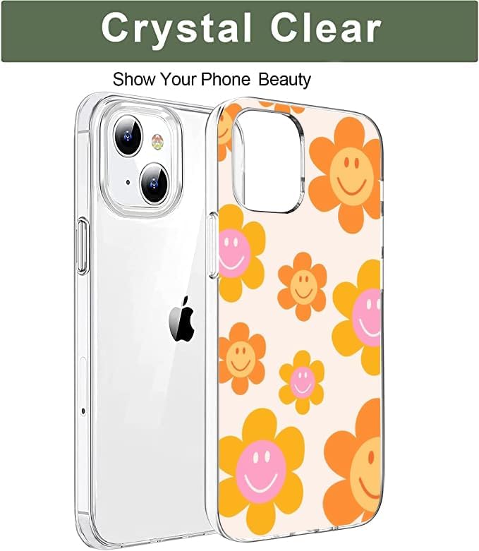 Funda compatible con iPhone 13  Indie Smile Face Flower Daisy Hippie Retro 90s Naranja Estética Elegante Duradera Protección de Cuerpo Completo