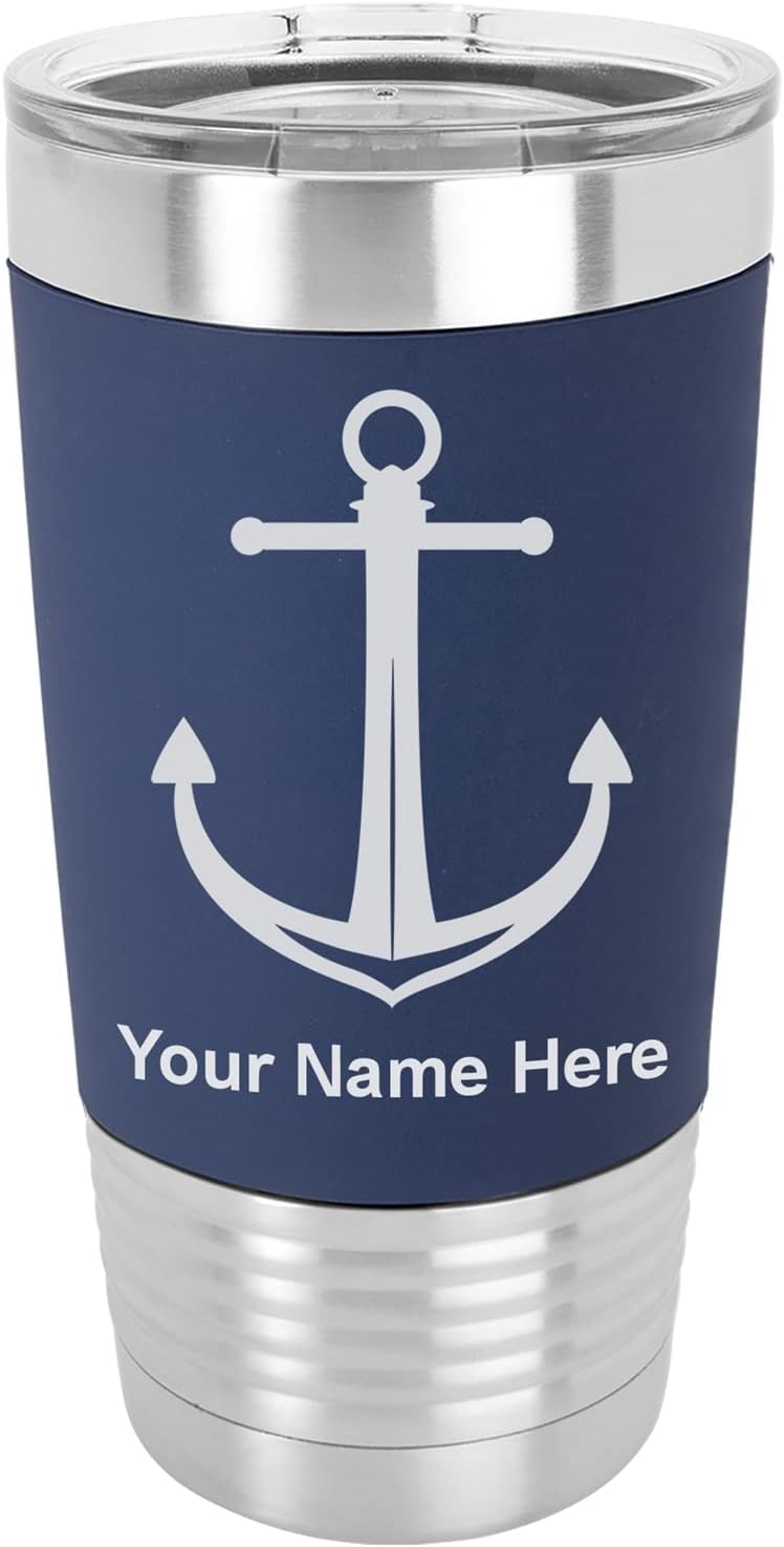 LaserGram Vaso aislado al vacío de 20 onzas, ancla de barco, grabado personalizado incluido (agarre de silicona, azul marino)