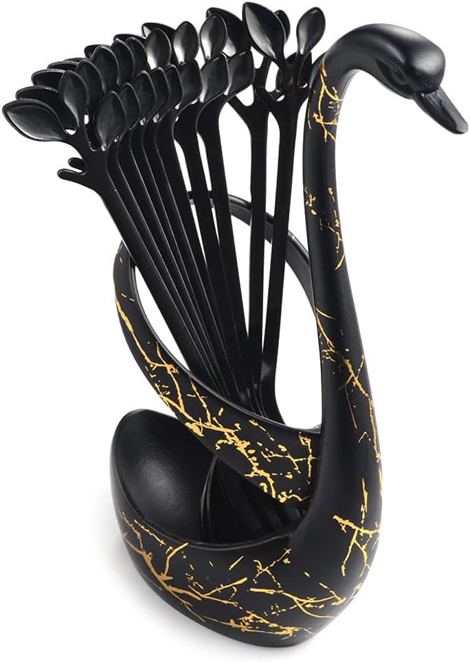 AnSaw Juego de soporte para cucharas de café pequeñas negras, base de cisne con 20 cucharas de espresso Demitasse, cuchara de postre de 4.7