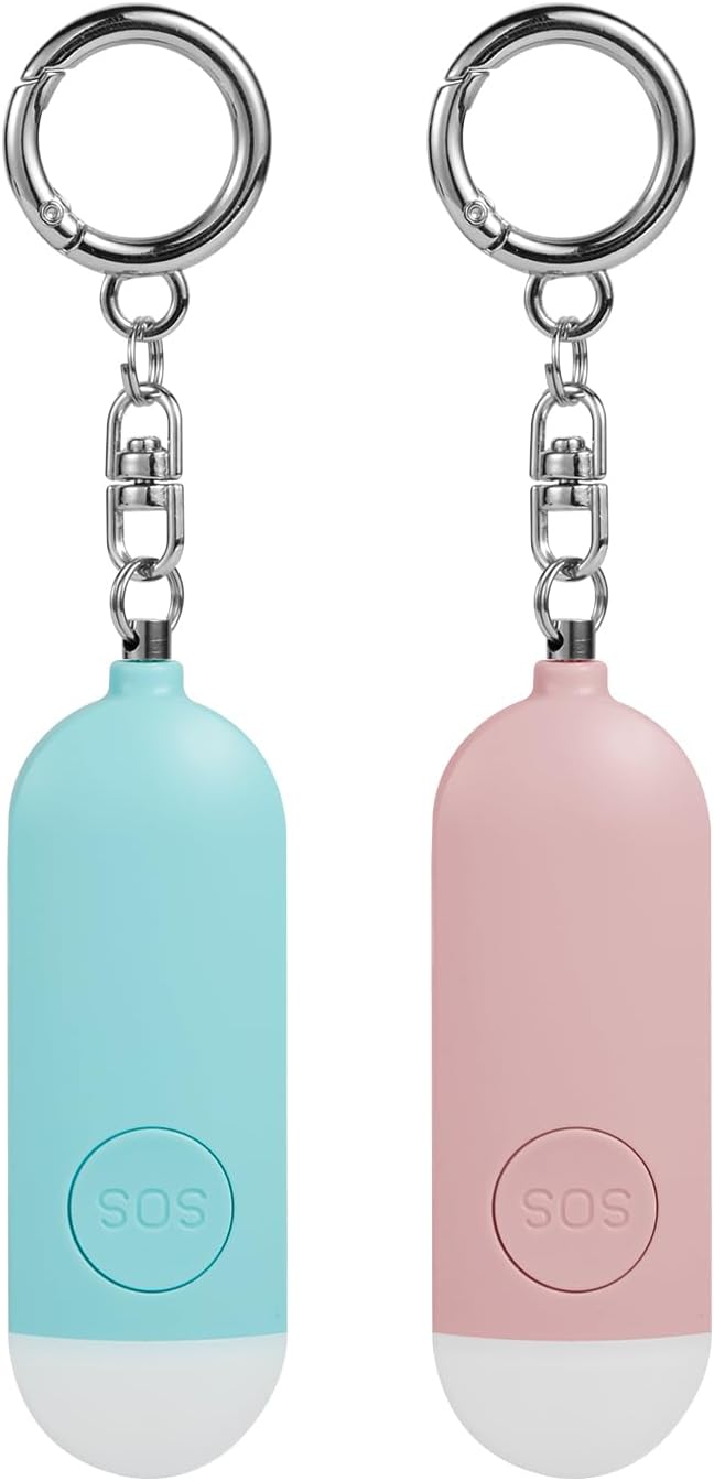 2 unidades de alarma personal recargable de seguridad para mujeres, viajan 130 dB en voz alta con botón SOS y luz estroboscópica, sonido de sirena