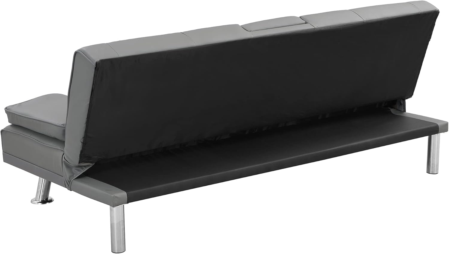 Futón, sala de estar de cuero moderna, sofá biplaza plegable convertible, sofá cama extraíble con 2 portavasos con reposabrazos en el medio, gris
