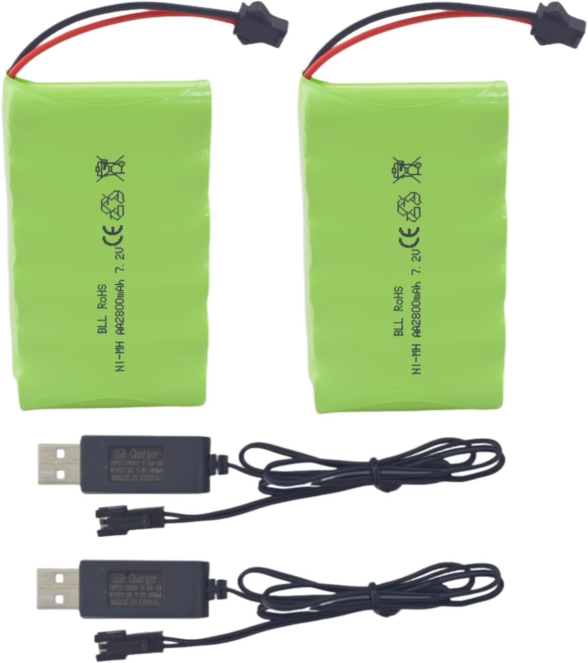 2 baterías recargables AA de 9.6 V 2800 mAh con enchufe Tamiya y cable de carga USB para vehículos de control remoto, camiones, tanques, vehículos