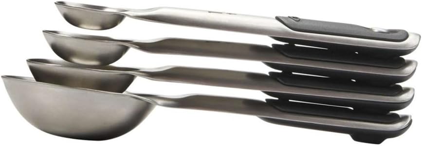 OXO Good Grips – Juego de cuencos de acero inoxidable de 3 piezas, color azulgris, 4.7 L y cucharas medidoras de acero inoxidable con broches