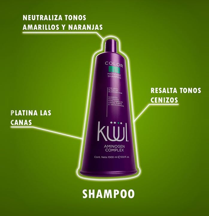 CHAMPÚ MATIZANTE KUUL 33.81 oz – CHAMPÚ MORADO – (MATIZANTE CABELLOS CANOS RUBIOS O DECOLORADOS COLOR DEL LIQUIDO  MORADO) – 1000 ML