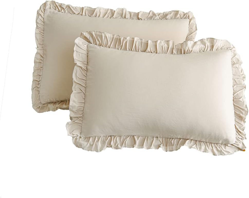 Juego de 2 fundas de almohada beige con volantes, color beige, gris, estándar, queen, juego de 2 fundas de almohada Shabby Chic (Queen (20 x 30