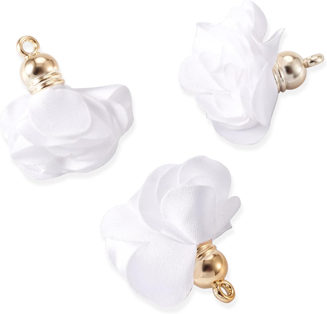 Cheriswelry 50 colgantes de tela de tela de flores de tela blanca con pétalos florales con tapa dorada en forma de campana para manualidades,