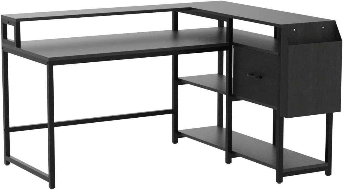 Loomie Escritorio reversible para computadora en forma de L con cajón, escritorio industrial de esquina de 55 pulgadas de ancho x 41 pulgadas de