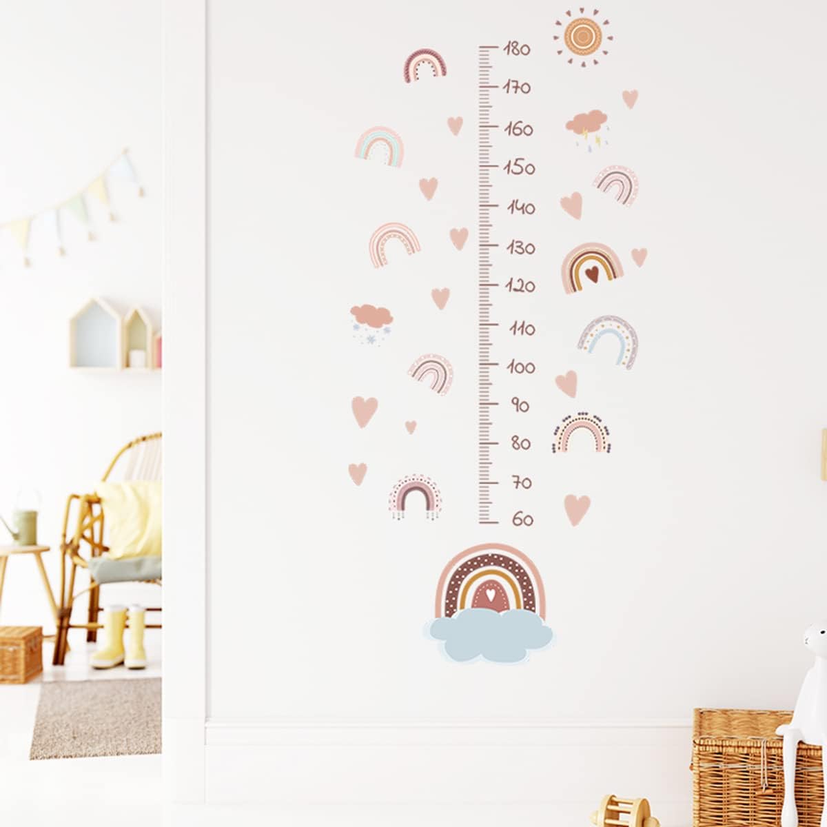 Tabla de altura de crecimiento del bebé, calcomanías de arco iris, tabla de pared para despegar y pegar, regla de guardería, calcomanías de pared