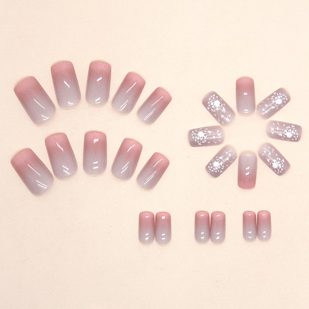 SHANRUN – Juego de 24 uñas postizas a presión color rosa nude, cuadradas, medianas, brillantes, con diseño, cobertura completa, uñas postizas