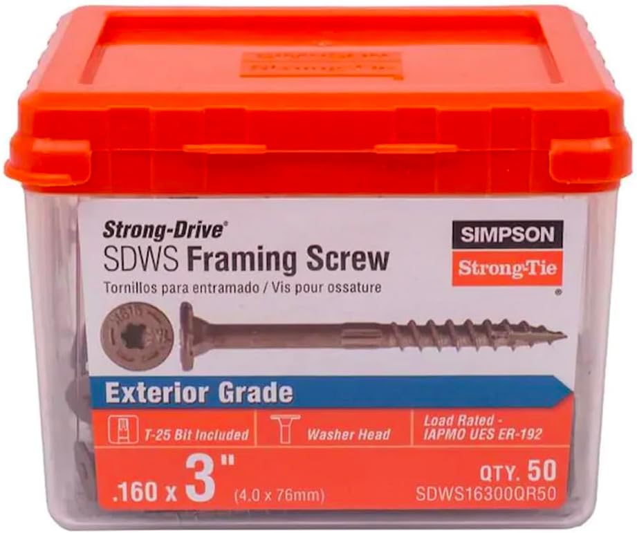 Simpson Strong Tie SDWS16300QR50 – Tornillos para enmarcar con cabezal de arandela de perfil bajo, 0.16 x 3 pulgadas, color marrón estrella, 50caja