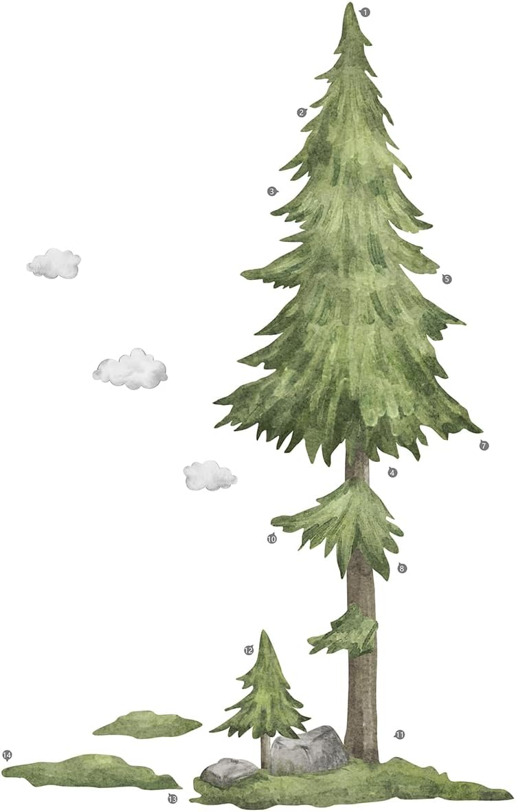 Calcomanías de pared de árbol verde gigante, ramas de pino grandes, calcomanías de pared para bricolaje, despegar y pegar, acuarela, bosque, bosque,