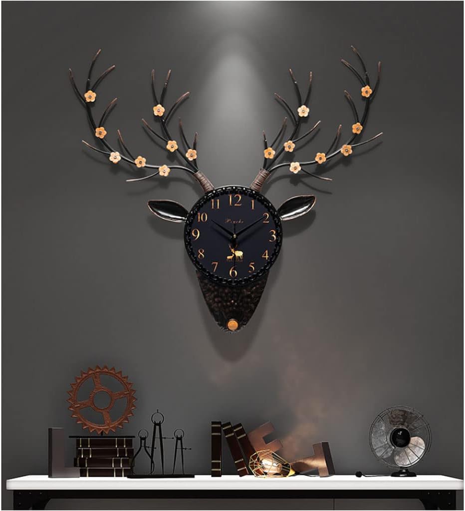 Reloj de pared Metal Deer Head Flower Wall Clock Decorative Silent Non Ticking 29.7”x27.9” Quality Quartz Clock Battery Operated for Bathroom