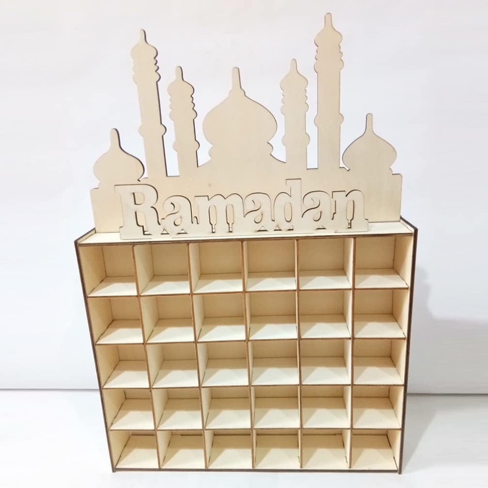 ULTNICE Calendario de Adviento de madera, calendario de cuenta regresiva de Eid Mubarak, cajón de madera, decoración de Ramadán musulmán para