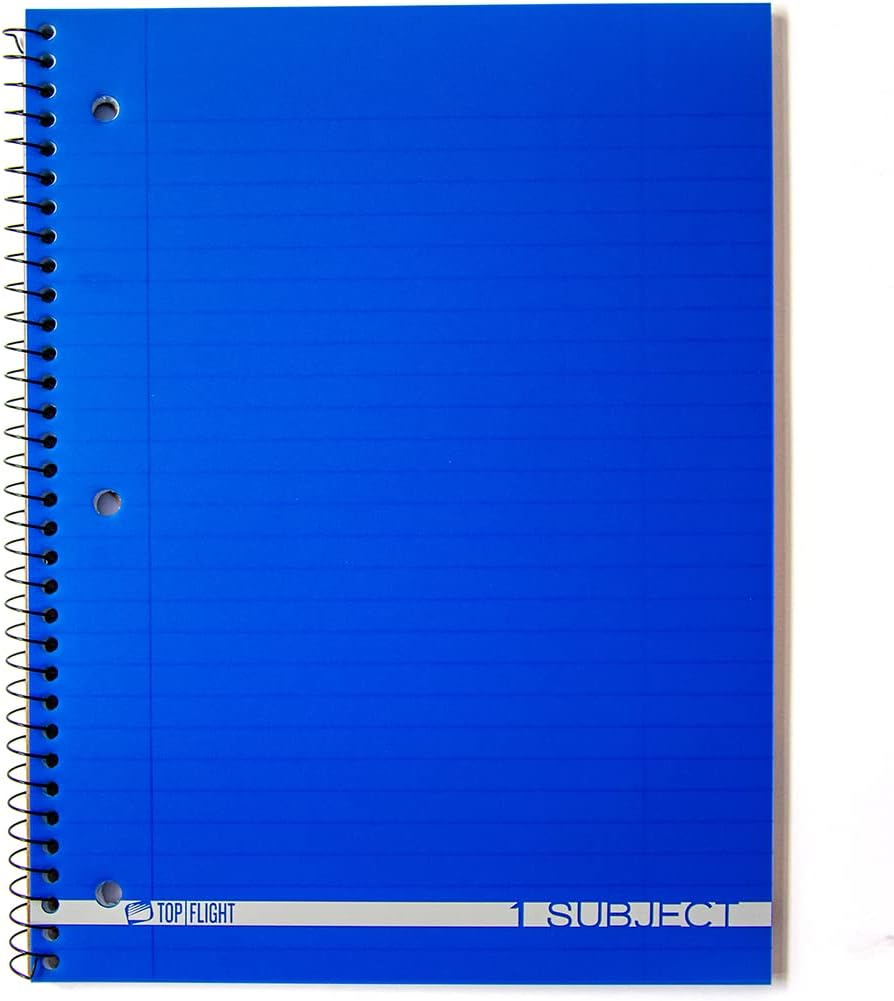 Top Flight Boss Poly Cover – Cuaderno de alambre de 1 materia, 90 hojas, 3 agujeros perforados, regla ancha, 10.5 x 8 pulgadas, 1 cuaderno, el color
