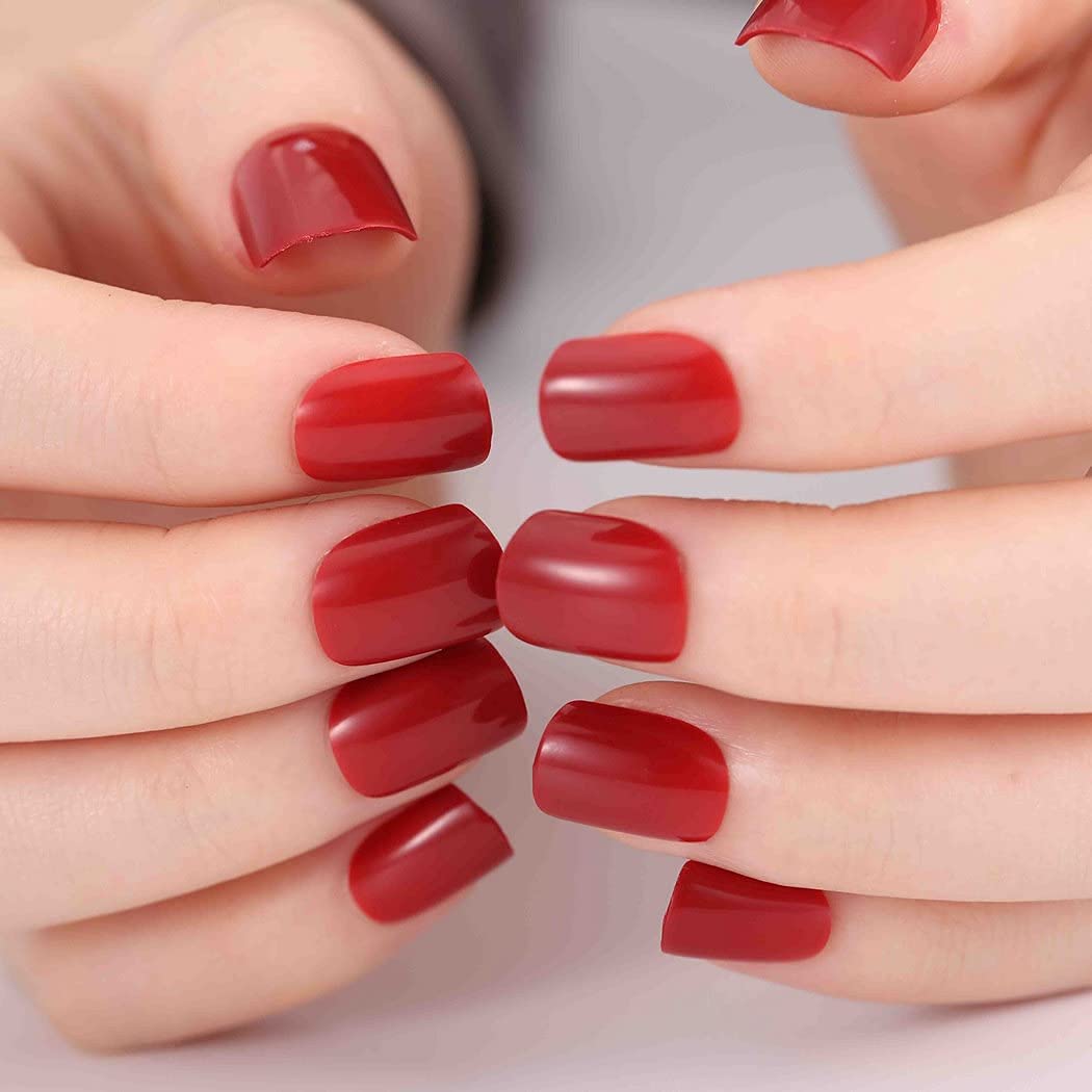 Chicque Uñas postizas cortas a presión, cuadradas, rojas, brillantes, acrílicas, bailarina, para fiesta, Halloween, para mujeres y niñas, 24 unidades
