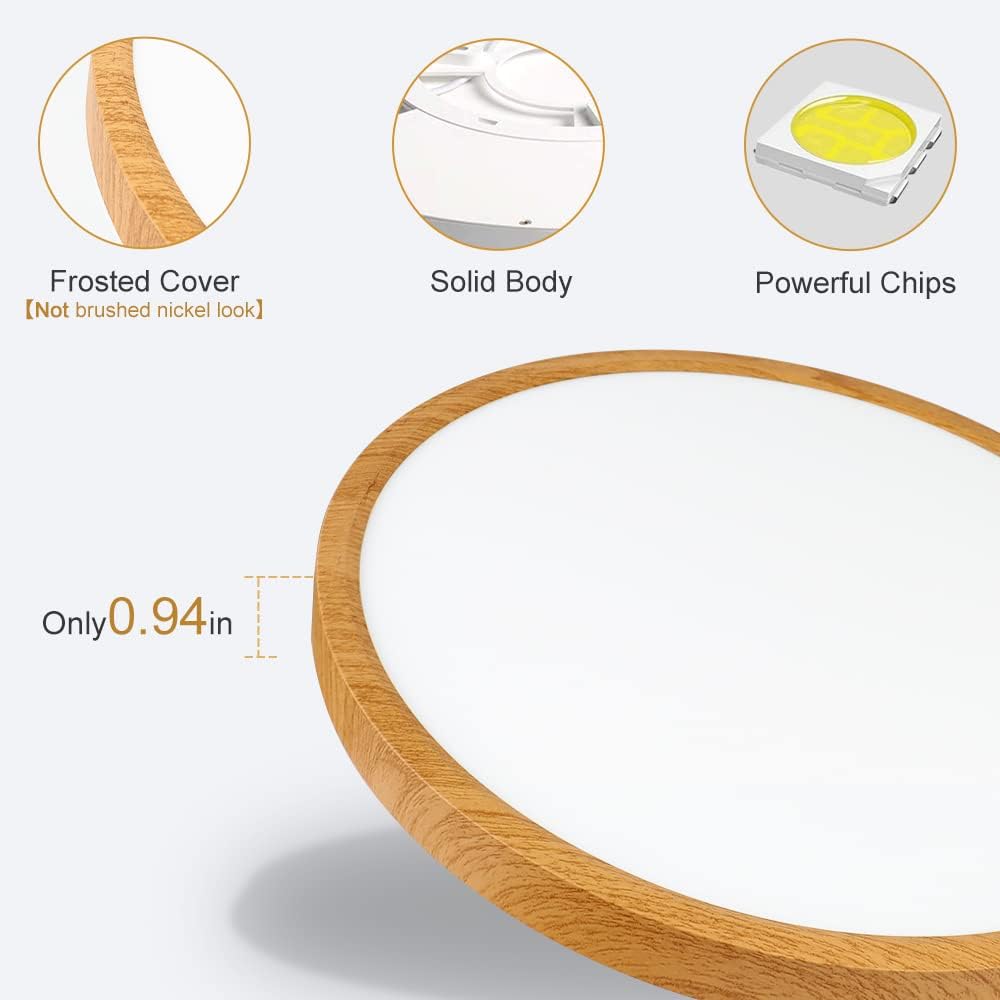 Lámpara de techo LED de grano de madera de 12 pulgadas, montaje empotrado, alfombrilla de ABS, 6000 K blanco frío, 24 W, lámpara de techo redonda