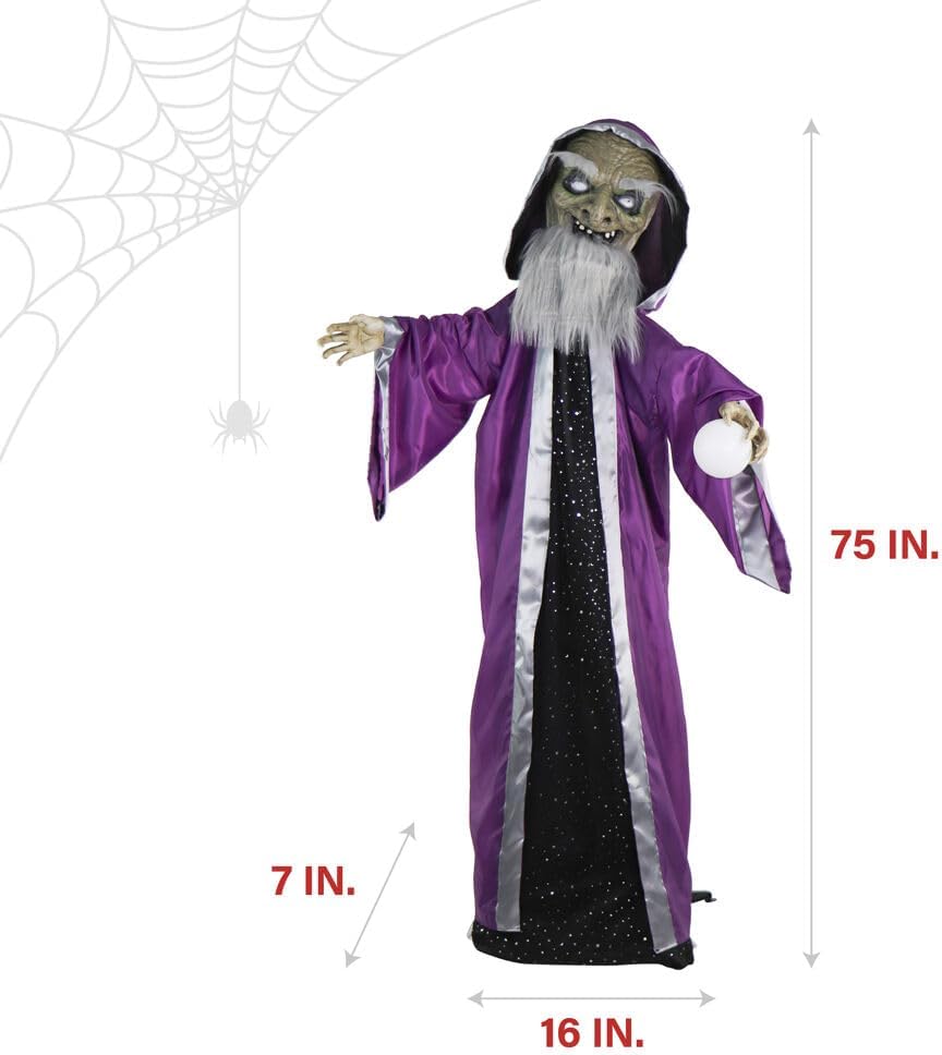 Haunted Hill Farm Asistente animatrónico parlante con movimiento y bola de cristal iluminada para decoración de Halloween con pilas para interiores