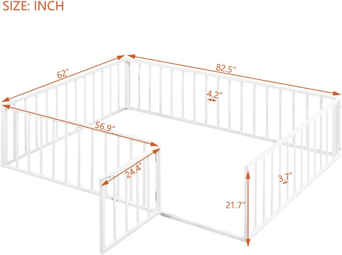 TURRIDU Cama de suelo de metal tamaño Queen, marco de cama Montessori Queen con valla y puerta, cama Queen con diseño de puerta, cama de valla para