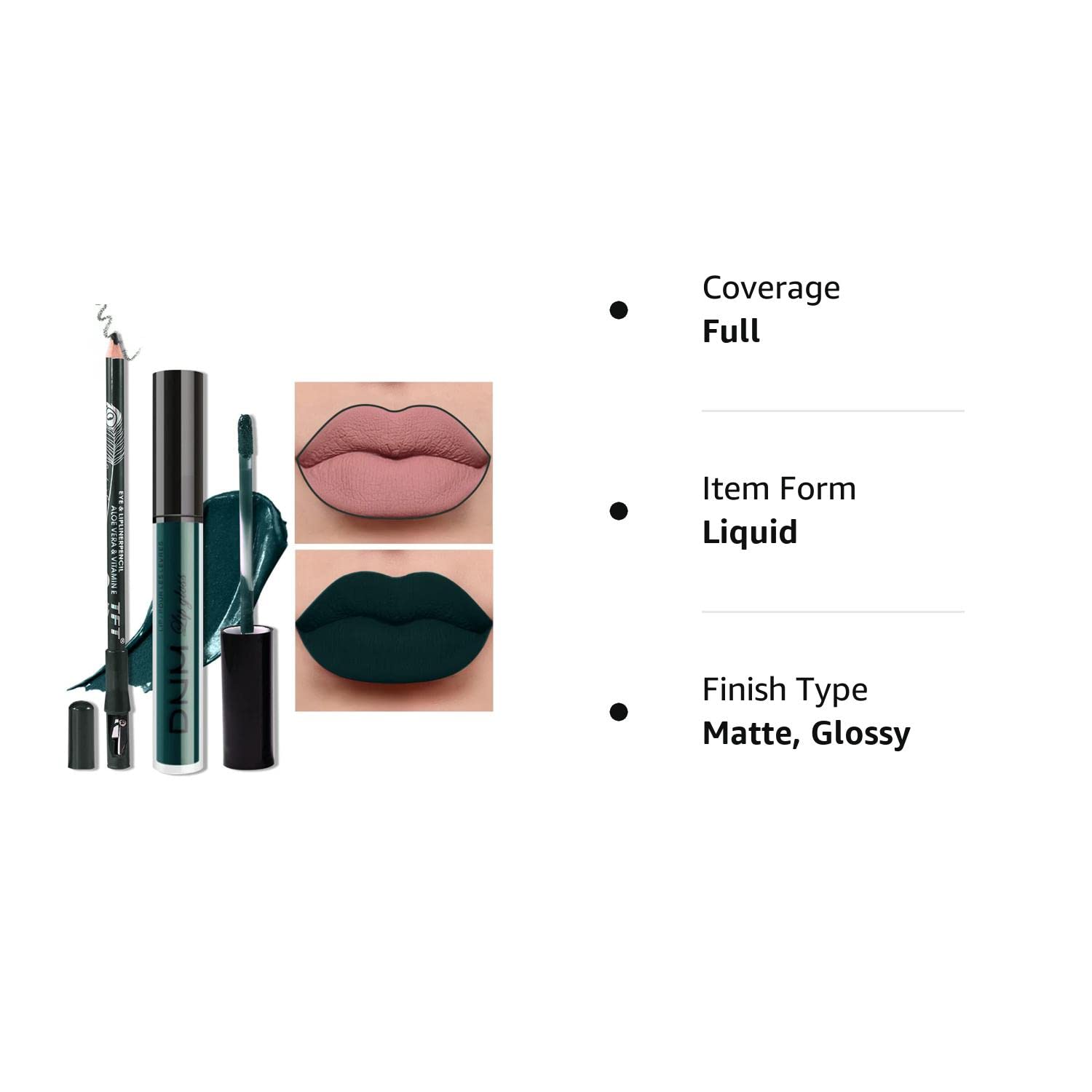 evpct Juego de 2 lápices labiales y delineador de labios color verde oscuro mate, juego de maquillaje DNM mate mate líquido de larga duración 24