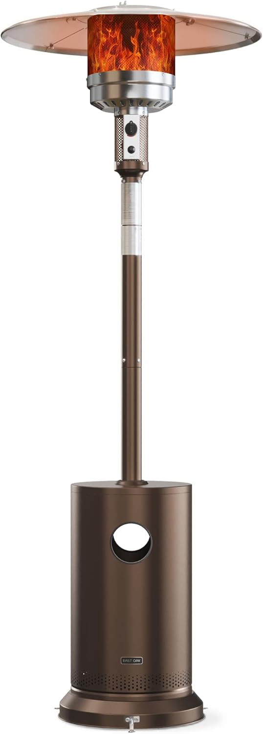 EAST OAK Calentador de patio de 48,000 BTU para uso al aire libre con diseño de mesa redonda, quemador y ruedas de acero inoxidable de doble capa,