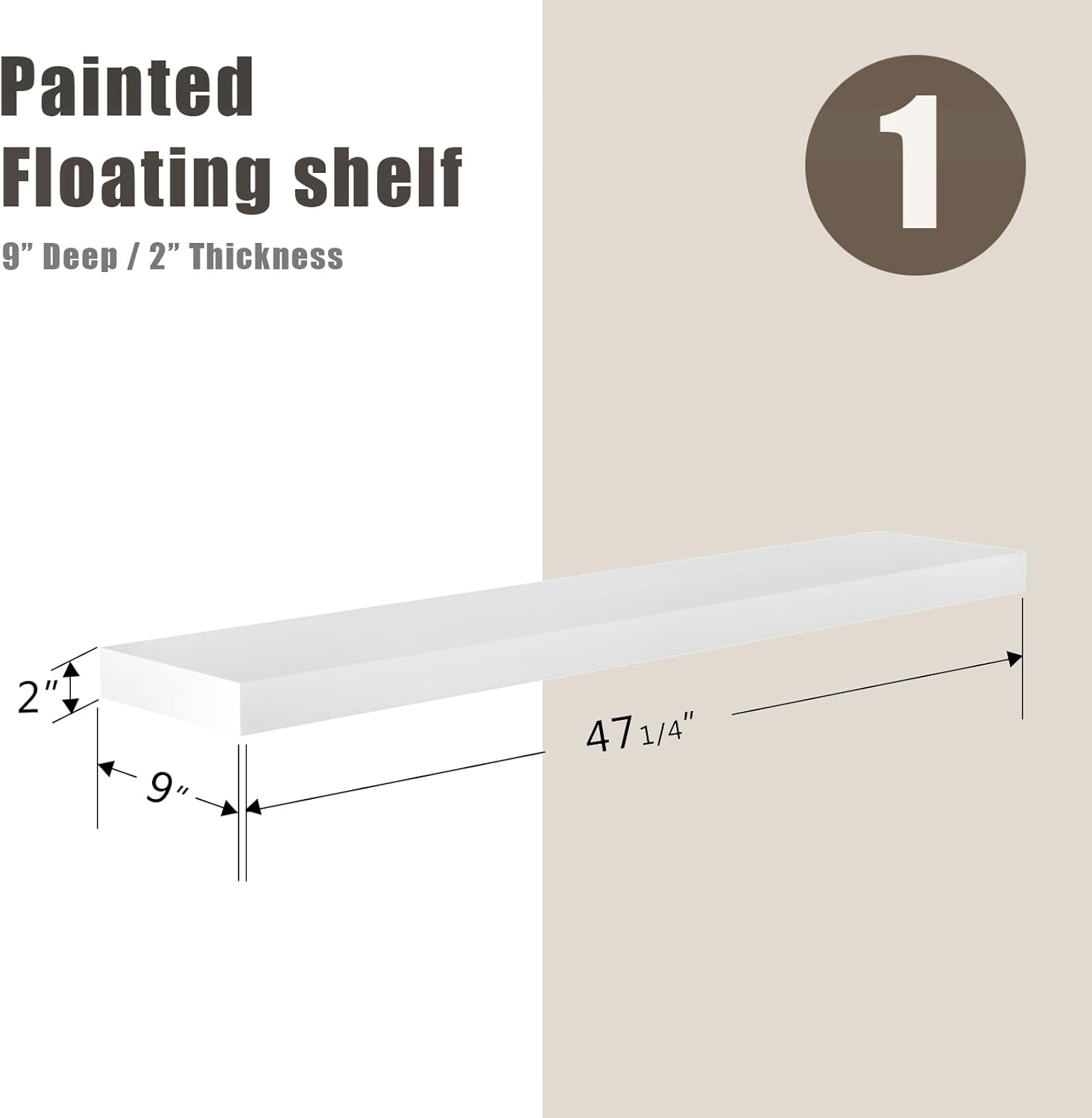 WELLAND Estante flotante blanco de 48 pulgadas, estante de pared de 9 pulgadas de profundidad con soporte invisible para sala de estar, dormitorio,