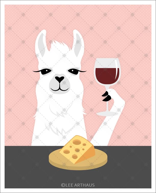 A 6J – White Llama Drinking Wine and Eating Cheese UNFRAMED Wall Art Print by Lee ArtHaus