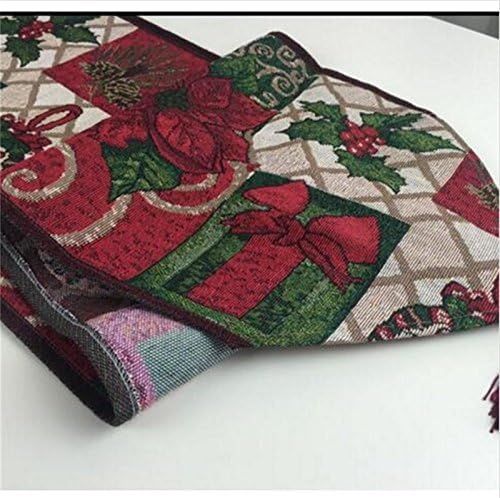 Camino de mesa decorativo de Navidad de 13 x 71 pulgadas, tejido jacquard rojo de flor de pascua verde, hojas verdes, alegría, paz, amor, flor de