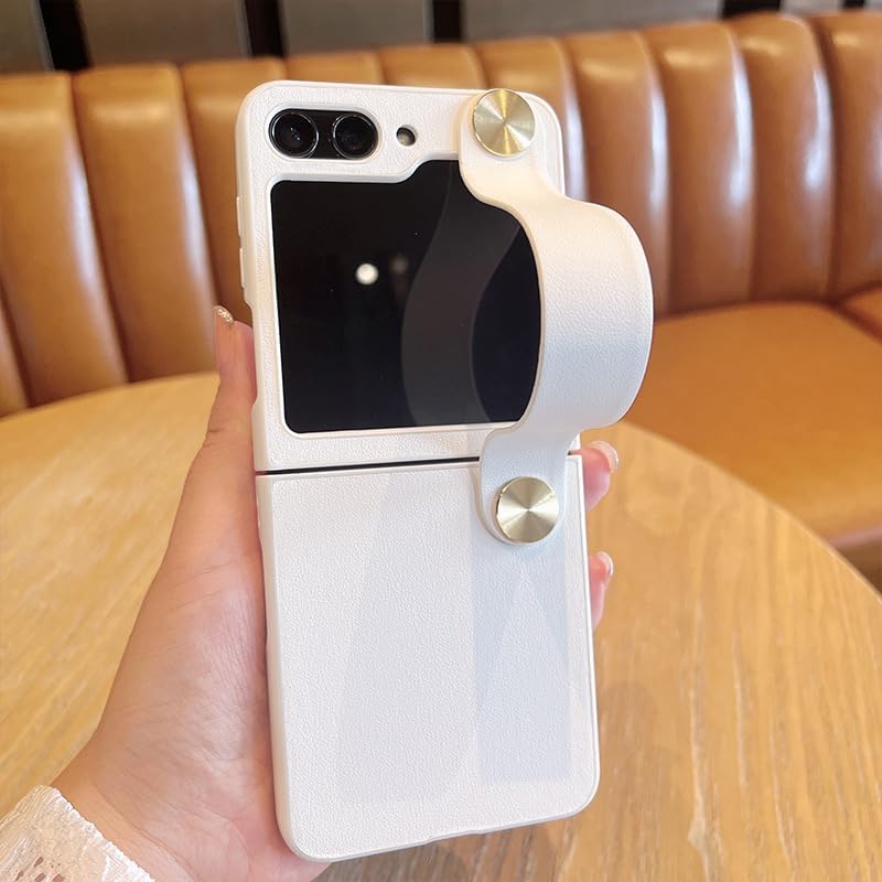 Funda con correa de muñeca para Galaxy Z Flip5, cuero clásico sobre duro a prueba de golpes, PC con pulsera ajustable, funda de protección para