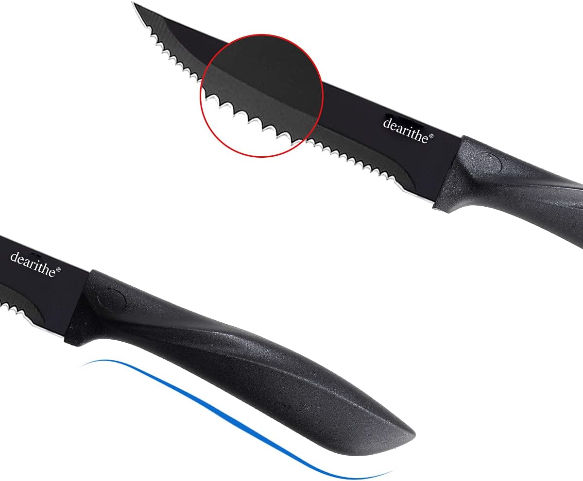 dearithe Juego de 12 cuchillos para carne, acero inoxidable dentado negro dentado de hoja afilada, 4.5 pulgadas, para restaurante, vajilla, cocina,