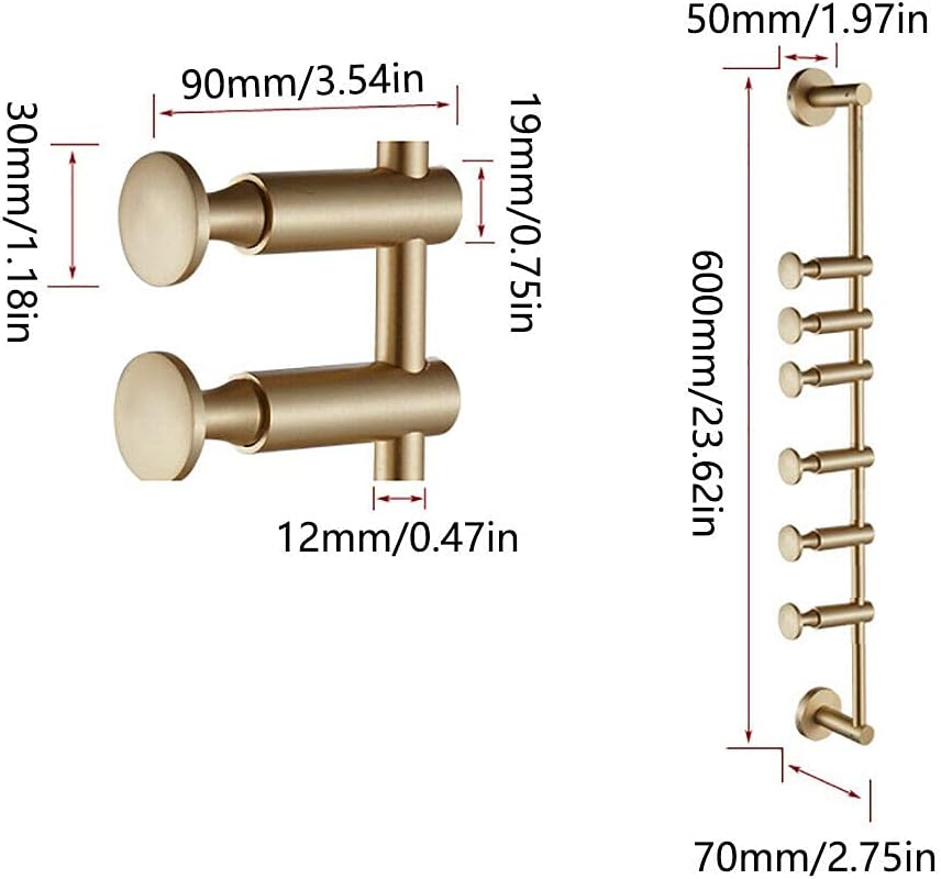 Toallero para baño para sala de estar, perchero giratorio, bata, sombrero, ropa, colgador de pared, toalleros para baño, con 6 ganchos (latón)