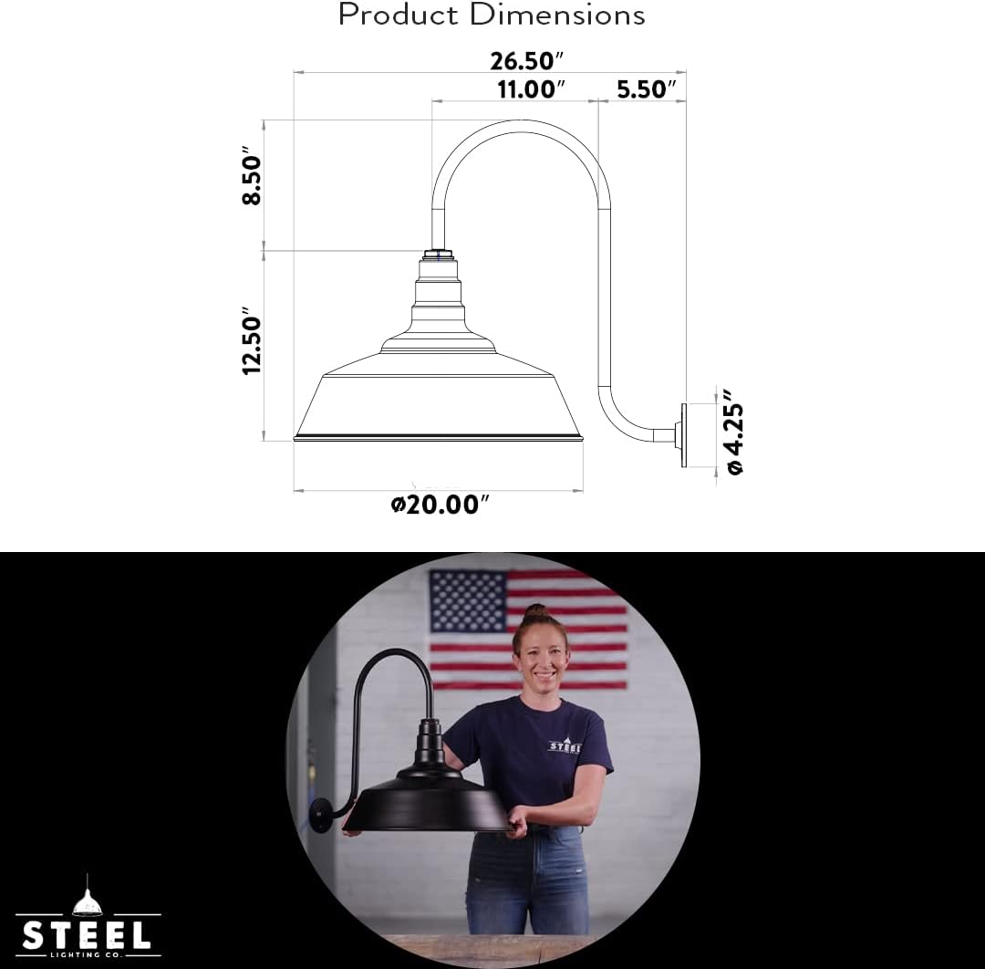 Steel Lighting Co. Redondo – Luz de granero  Montaje en pared al aire libre  Cúpula de 20 pulgadas  Cuello de cisne ascendente  Luz grande de