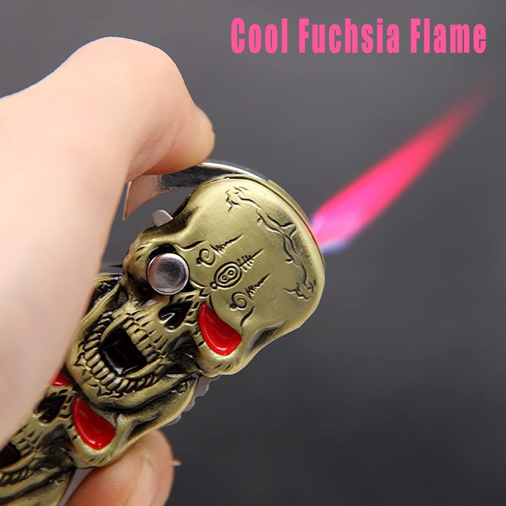WEQTETJU Encendedor tipo antorcha de calavera, calavera de metal en relieve, genial, multifuncional, rellenable, ajustable, encendedor único a