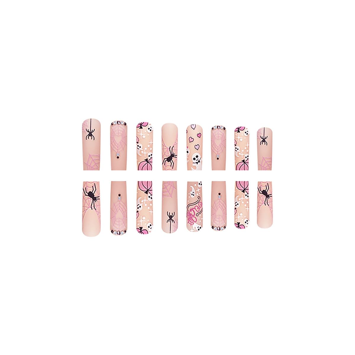 24 uñas postizas largas a presión de Halloween con diamantes de imitación, diseño de murciélago y calabaza, cobertura completa, uñas postizas rosas