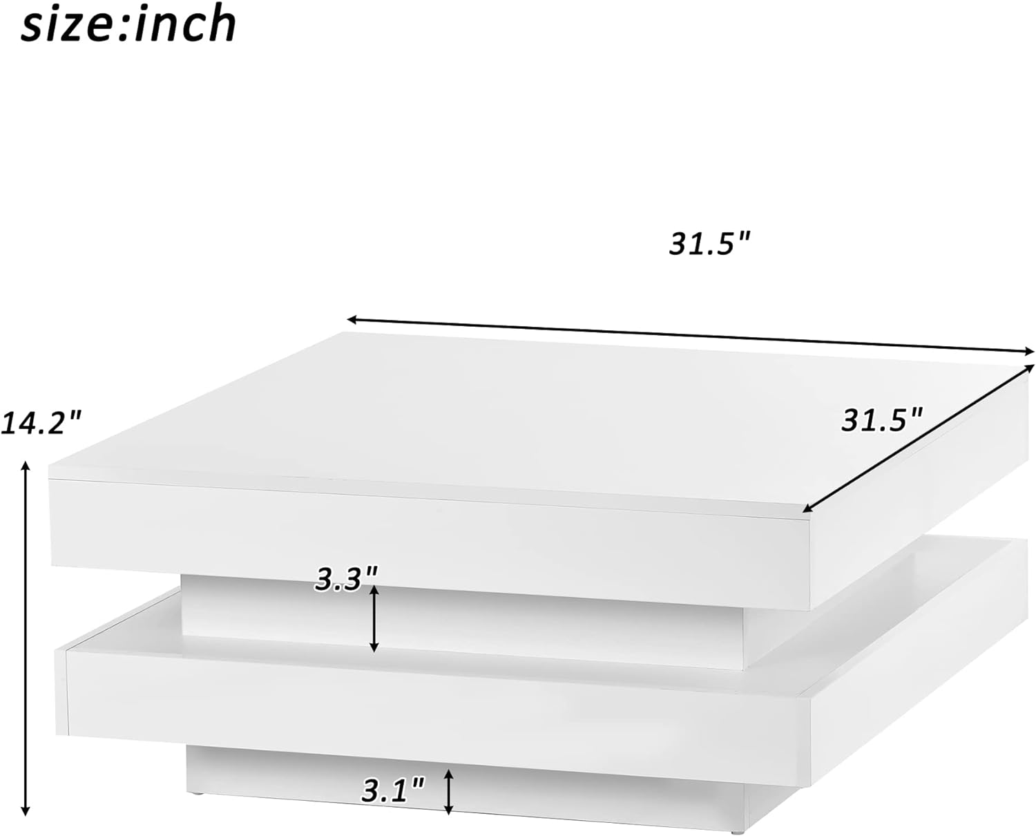 Mesa de centro cuadrada moderna, mesa de cóctel de 2 niveles con iluminación LED y control remoto, mesa central de alto brillo para sala de estar