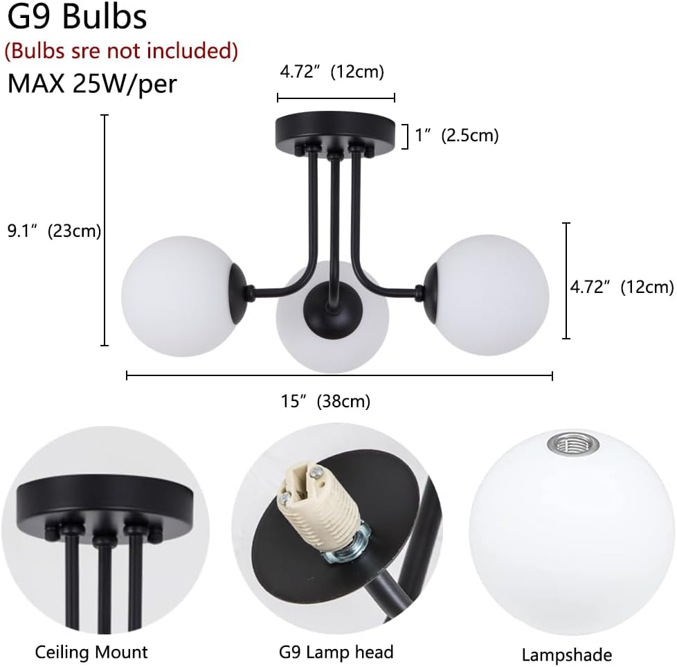 Lámpara de techo moderna semiempotrada de 3 luces, pantalla de vidrio blanco y negro, lámpara de techo semiempotrada, candelabros Sputnik para
