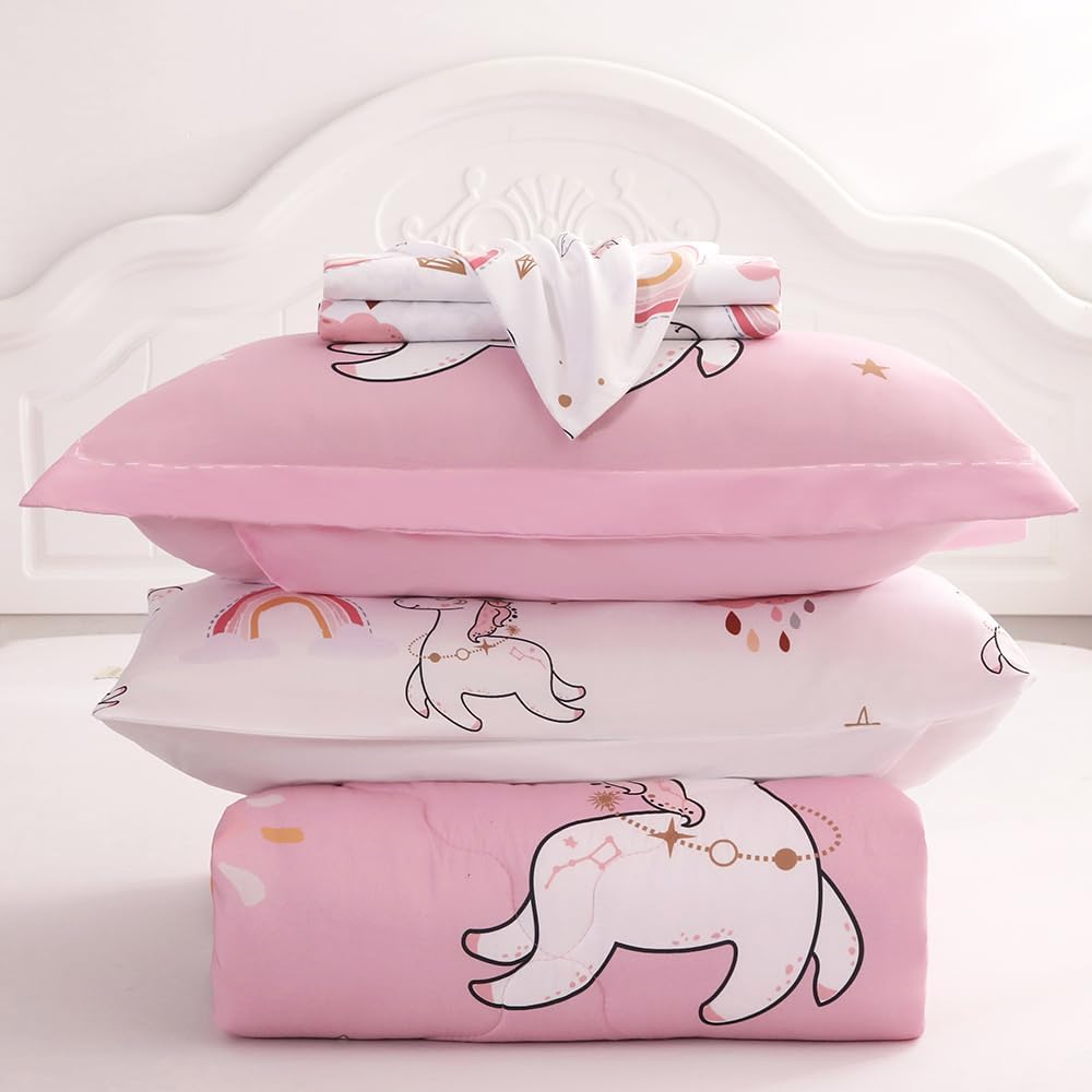 Wajade Juego de edredón de unicornio rosa para niños, cama en una bolsa, tamaño individual, 7 piezas, bonito juego de ropa de cama de unicornio y