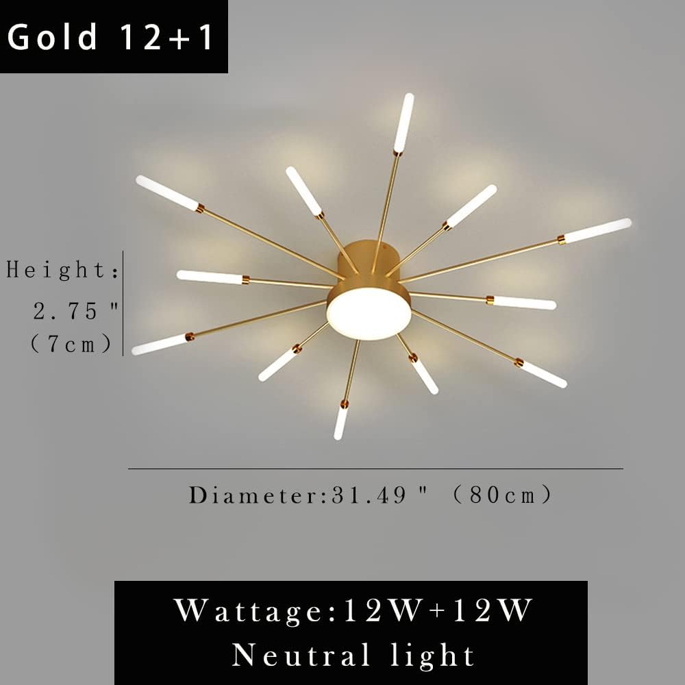 Liudefa Lámpara de techo LED de 32 pulgadas, 12 luces de techo modernas, lámpara de techo empotrada, iluminación de interior dorada para sala de
