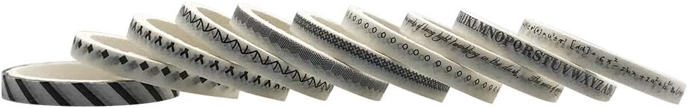 ZMLSED Juego de cintas washi delgadas de 0.197 in de ancho, 10 rollos de cintas decorativas minimalistas de estilo blanco y negro japonés para