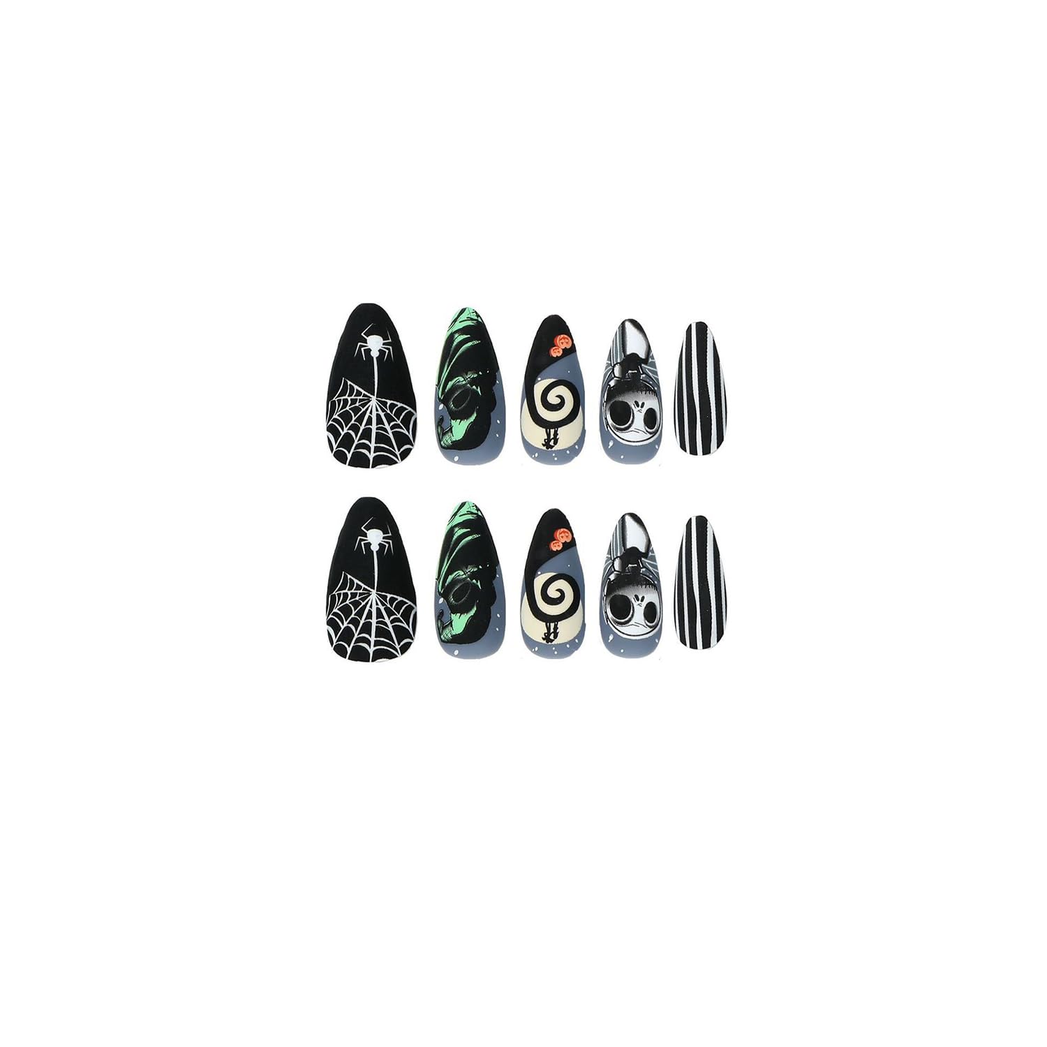 Uñas a presión de Halloween, uñas a presión de almendra, uñas largas a presión para mujeres con diseños de dibujos animados, cobertura completa,