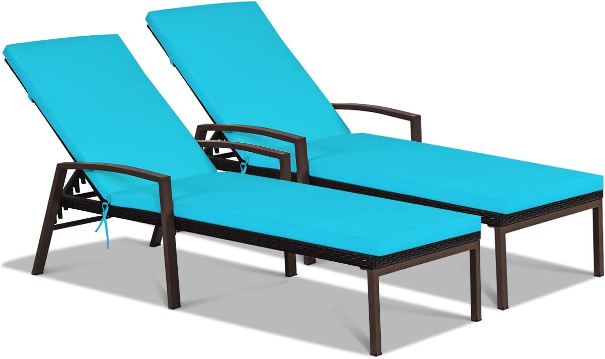 Tangkula Tumbona de ratán para patio, tumbona reclinable para exteriores con cojín y reposabrazos, tumbona de mimbre con respaldo ajustable para